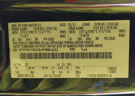 2017 Ford F-150 Raptor из США, поврежденный, VIN 1FTFW1RG8HFB60232